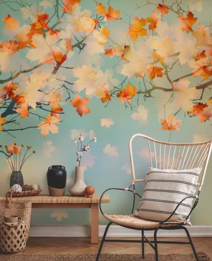 geïllustreerd oranje blad tegen blauwe hemel behang