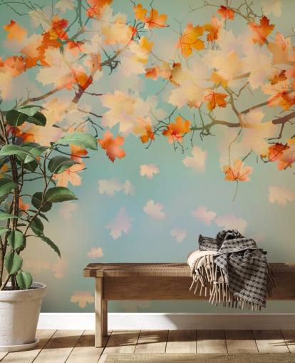 illustrated orange leaves against blue sky wallpaper