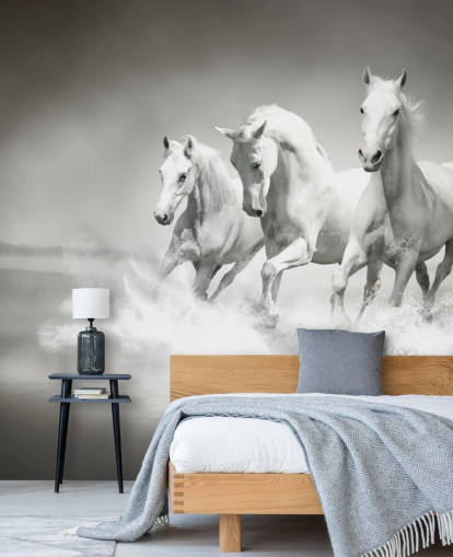 papier peint de chevaux personnalisable en noir et blanc appelé Horses Black & White pour les entreprises, les salons et les cuisines