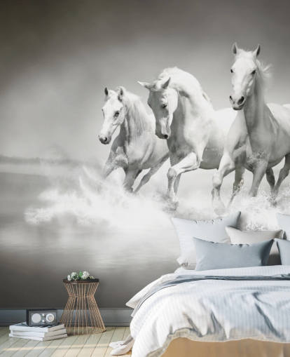 carta da parati personalizzabile in bianco e nero denominata Horses Black & White per aziende, salotti e cucine
