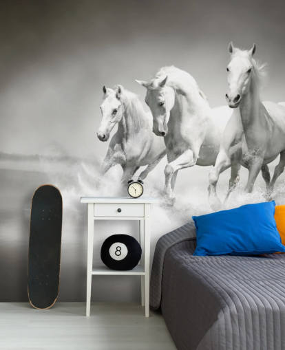 papel de parede de cavalo personalizável em preto e branco chamado Horses Black & White para empresas, salas de estar e cozinhas