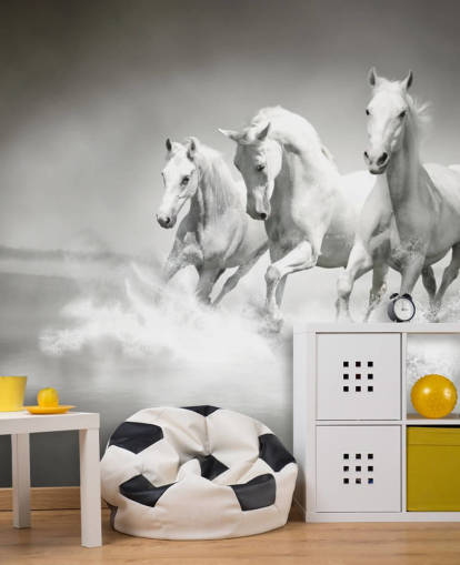 papel pintado de caballos personalizable en blanco y negro llamado Horses Black & White para negocios, salas de estar y cocinas