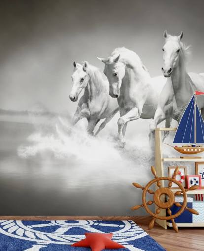black and white customizable horse wallpaper called Horses Black & White for businesses, living rooms and kitchens