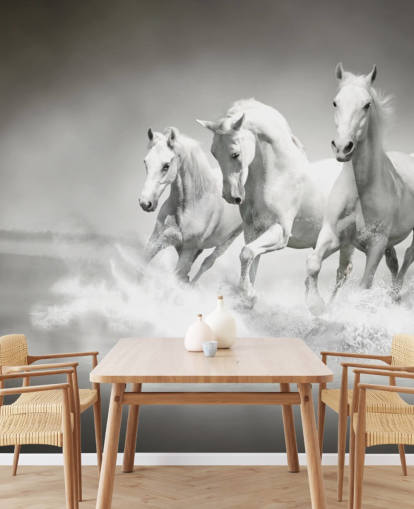 black and white customizable horse wallpaper called Horses Black & White for businesses, living rooms and kitchens