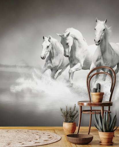 Personalisierbare schwarz-weiße Pferdetapete namens Horses Black & White für Unternehmen, Wohnzimmer und Küchen