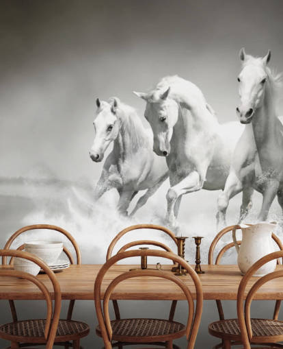 papel pintado de caballos personalizable en blanco y negro llamado Horses Black & White para negocios, salas de estar y cocinas