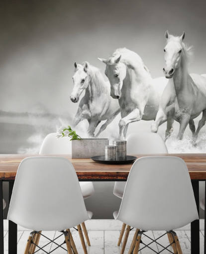 mustavalkoinen muokattava hevosen taustakuva nimeltä Horses Black & White yrityksille, olohuoneille ja keittiöille