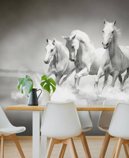 Personalisierbare schwarz-weiße Pferdetapete namens Horses Black & White für Unternehmen, Wohnzimmer und Küchen