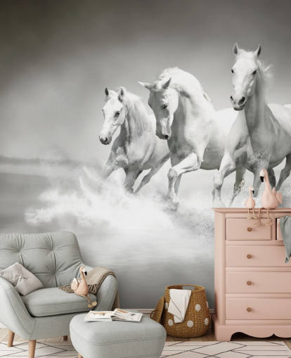 Personalisierbare schwarz-weiße Pferdetapete namens Horses Black & White für Unternehmen, Wohnzimmer und Küchen