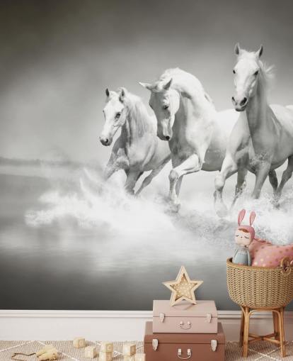 carta da parati personalizzabile in bianco e nero denominata Horses Black & White per aziende, salotti e cucine