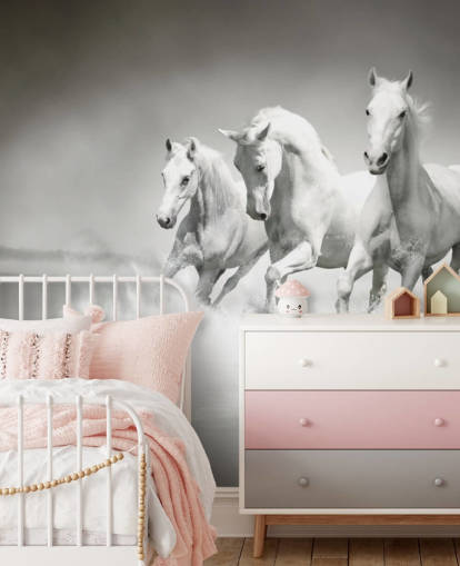 carta da parati personalizzabile in bianco e nero denominata Horses Black & White per aziende, salotti e cucine