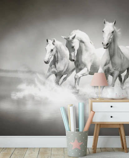 sort/hvid tilpasselig hestetapet kaldet Horses Black & White til virksomheder, stuer og køkkener