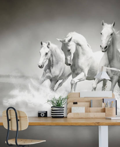 mustavalkoinen muokattava hevosen taustakuva nimeltä Horses Black & White yrityksille, olohuoneille ja keittiöille