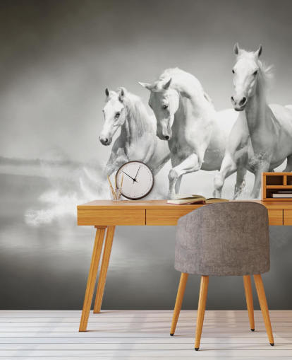 mustavalkoinen muokattava hevosen taustakuva nimeltä Horses Black & White yrityksille, olohuoneille ja keittiöille