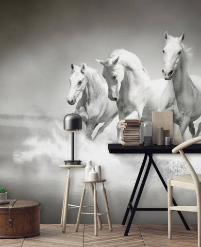 papel de parede de cavalo personalizável em preto e branco chamado Horses Black & White para empresas, salas de estar e cozinhas