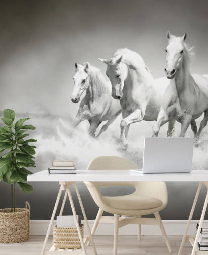 black and white customizable horse wallpaper called Horses Black & White for businesses, living rooms and kitchens