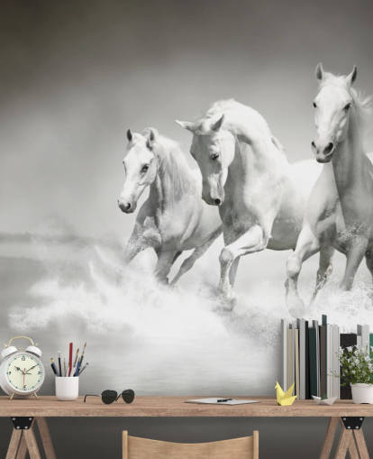 papel pintado de caballos personalizable en blanco y negro llamado Horses Black & White para negocios, salas de estar y cocinas