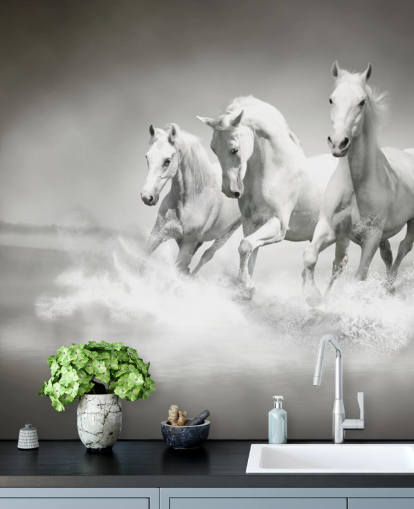 papel de parede de cavalo personalizável em preto e branco chamado Horses Black & White para empresas, salas de estar e cozinhas