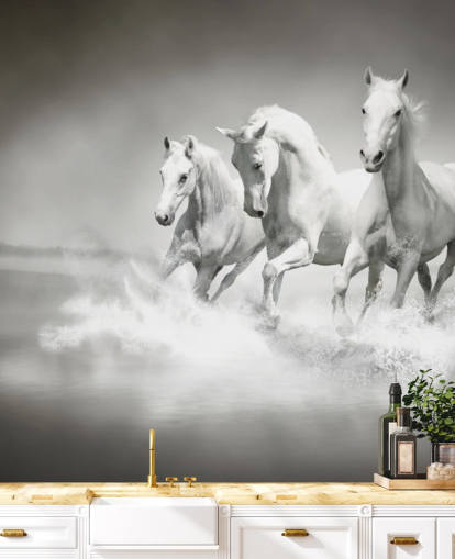 papel de parede de cavalo personalizável em preto e branco chamado Horses Black & White para empresas, salas de estar e cozinhas