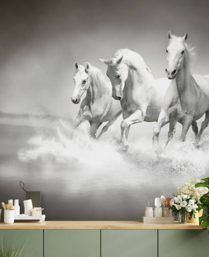 papier peint de chevaux personnalisable en noir et blanc appelé Horses Black & White pour les entreprises, les salons et les cuisines