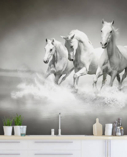 papel de parede de cavalo personalizável em preto e branco chamado Horses Black & White para empresas, salas de estar e cozinhas