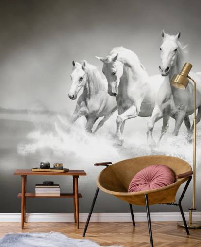 papel de parede de cavalo personalizável em preto e branco chamado Horses Black & White para empresas, salas de estar e cozinhas