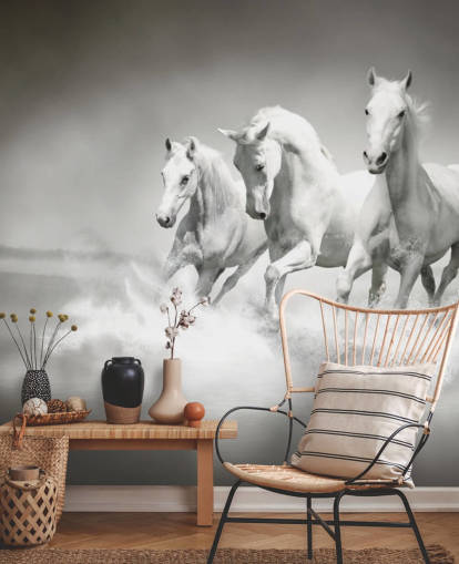 black and white customisable horse wallpaper called Horses Black & White for businesses, living rooms and kitchens