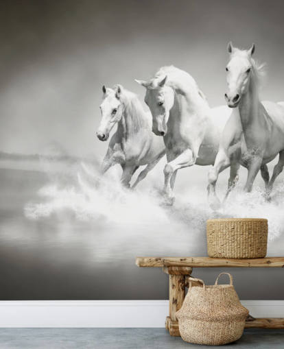 carta da parati personalizzabile in bianco e nero denominata Horses Black & White per aziende, salotti e cucine
