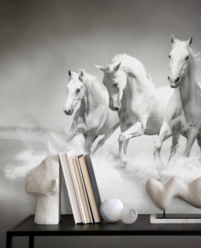 carta da parati personalizzabile in bianco e nero denominata Horses Black & White per aziende, salotti e cucine carta da parati personalizzabile in bianco e nero denominata Horses Black & White per aziende, salotti e cucine