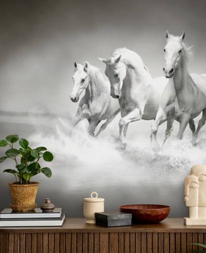 papel pintado de caballos personalizable en blanco y negro llamado Horses Black & White para negocios, salas de estar y cocinas