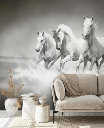 carta da parati personalizzabile in bianco e nero denominata Horses Black & White per aziende, salotti e cucine