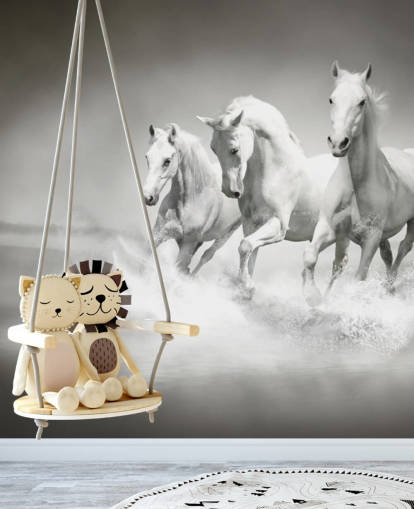 black and white customisable horse wallpaper called Horses Black & White for businesses, living rooms and kitchens