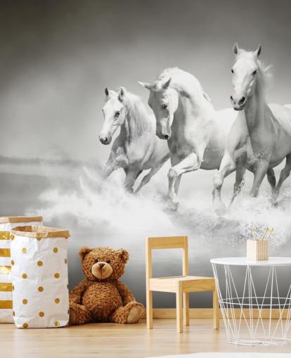 black and white customisable horse wallpaper called Horses Black & White for businesses, living rooms and kitchens