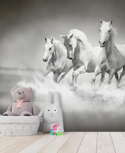 black and white customisable horse wallpaper called Horses Black & White for businesses, living rooms and kitchens