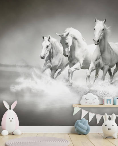 Personalisierbare schwarz-weiße Pferdetapete namens Horses Black & White für Unternehmen, Wohnzimmer und Küchen