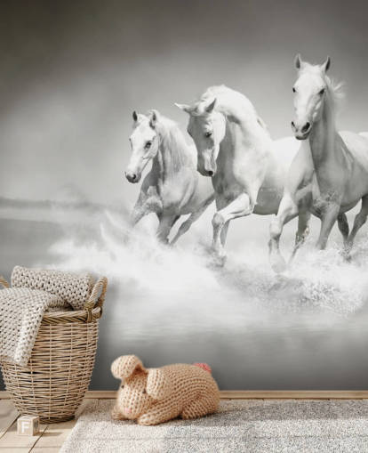 svart og hvitt tilpassbart hestetapet kalt Horses Black & White for bedrifter, stuer og kjøkken