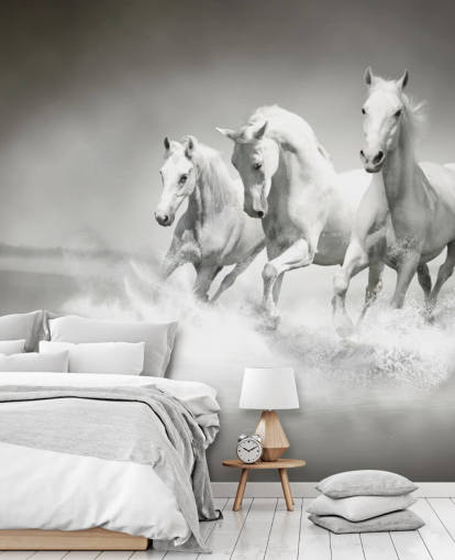 papel pintado de caballos personalizable en blanco y negro llamado Horses Black & White para negocios, salas de estar y cocinas