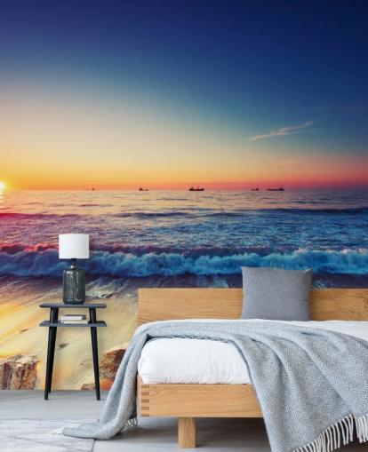 Orangefarbene und blaue Sonnenuntergangstapete mit dem Titel Colourful Sunrise Over the Sea für Schlafzimmer, Heimbüros und Wohnzimmer Orangefarbene und blaue Sonnenuntergangstapete mit dem Titel Colourful Sunrise Over the Sea für Schlafzimmer, Heimbüros und Wohnzimmer