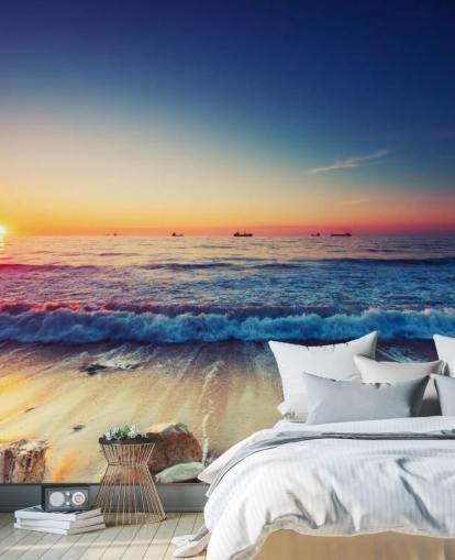 orange and blue sunset wallpaper mural called Colorful Sunrise Over the Sea for bedrooms, home offices and living rooms
