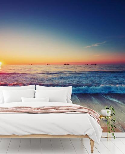 mural de papel de parede laranja e azul ao pôr do sol chamado Colourful Sunrise Over the Sea para quartos, escritórios domésticos e salas de estar