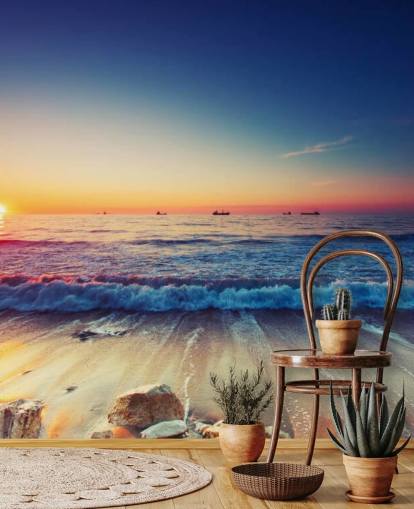 orange and blue sunset wallpaper mural called Colourful Sunrise Over the Sea for bedrooms, home offices and living rooms