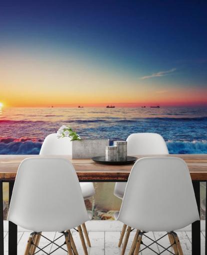 carta da parati murale arancione e blu con tramonto chiamato Colourful Sunrise Over the Sea per camere da letto, uffici domestici e salotti carta da parati murale arancione e blu con tramonto chiamato Colourful Sunrise Over the Sea per camere da letto, uffici domestici e salotti
