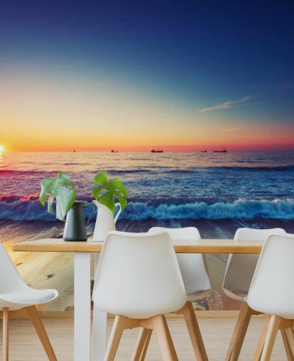 orange and blue sunset wallpaper mural called Colourful Sunrise Over the Sea for bedrooms, home offices and living rooms