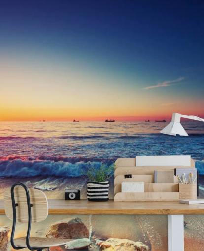mural de papel pintado naranja y azul al atardecer llamado Colourful Sunrise Over the Sea para dormitorios, oficinas en casa y salas de estar mural de papel pintado naranja y azul al atardecer llamado Colourful Sunrise Over the Sea para dormitorios, oficinas en casa y salas de estar