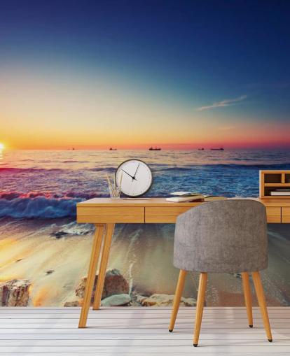 orange and blue sunset wallpaper mural called Colourful Sunrise Over the Sea for bedrooms, home offices and living rooms
