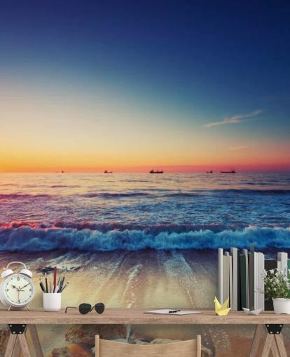 orange and blue sunset wallpaper mural called Colourful Sunrise Over the Sea for bedrooms, home offices and living rooms