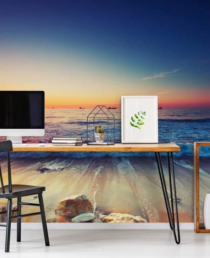 orange and blue sunset wallpaper mural called Colorful Sunrise Over the Sea for bedrooms, home offices and living rooms