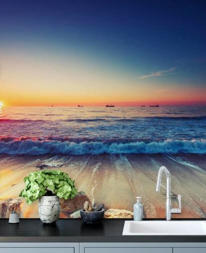 orange and blue sunset wallpaper mural called Colourful Sunrise Over the Sea for bedrooms, home offices and living rooms