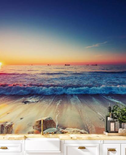 orange and blue sunset wallpaper mural called Colourful Sunrise Over the Sea for bedrooms, home offices and living rooms