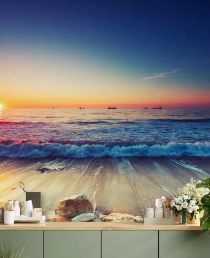 mural de papel pintado naranja y azul al atardecer llamado Colourful Sunrise Over the Sea para dormitorios, oficinas en casa y salas de estar